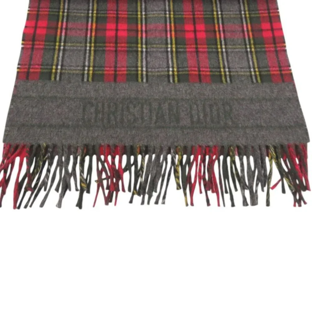 Dior Christian Check Wool Red Large Muffler Shawl Red Scarf